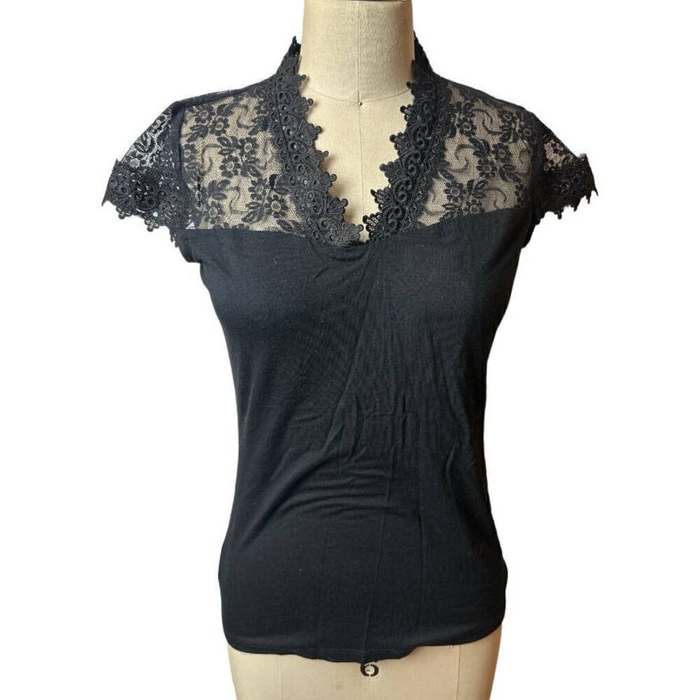INC Black Lace Cap Sleeve Blouse Top Women's Size S